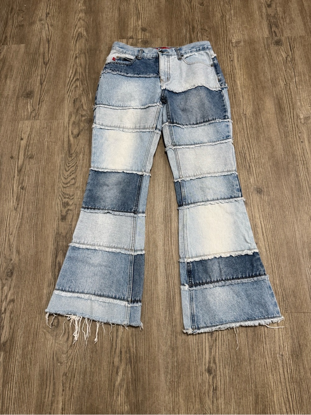 Vintage Y2K Zana-Di Patchwork Flare Jeans Size 5 Low Rise Frayed Raw Hem Multi W